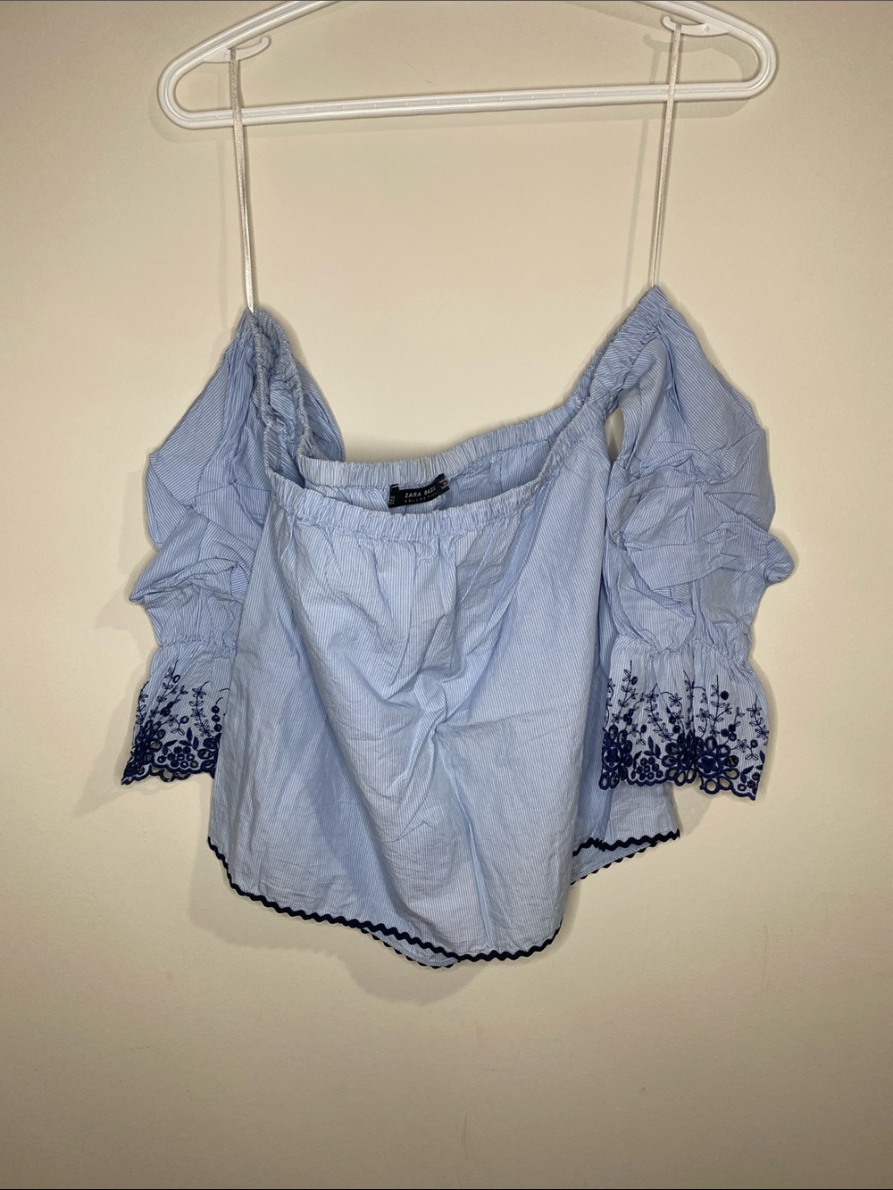 Zara Light Blue Off-Shoulder Top with Navy Embroidery - Picture 7 of 7